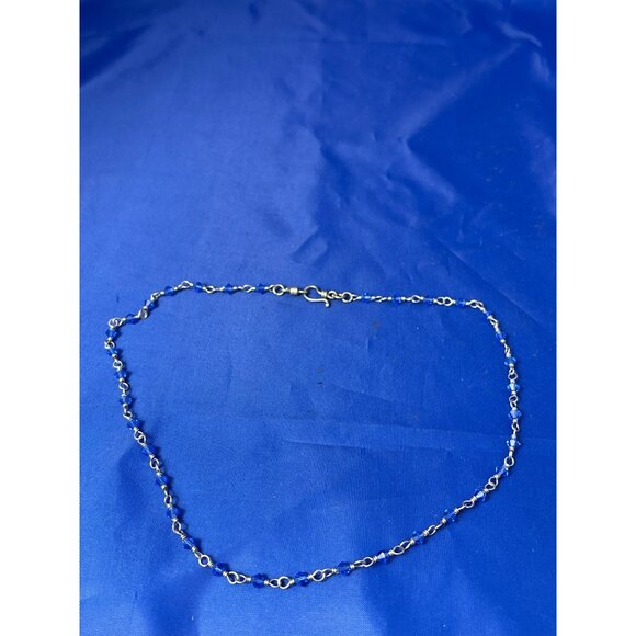 Y2K Artisan Minimalist Blue Glass Beaded Necklace Silvertone Hook Clasp - Picture 2 of 3